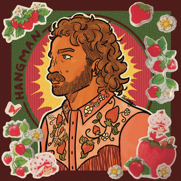 Artwork of the professional wrestler Hangman Adam Page. His gimmick is being a cowboy and he is known for gardening so I wanted to combine my love of western fashion and strawberry shortcake into a piece with him. My love for patterns is also apparent.