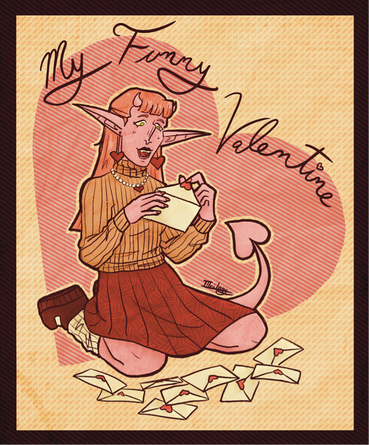 I am very drawn to the aesthetics of Valentine’s Day and at the time became obsessed with the song “My Funny Valentine”. I combine these two ideas into a piece with my character Valentine who is inspired by the holiday’s aesthetics.